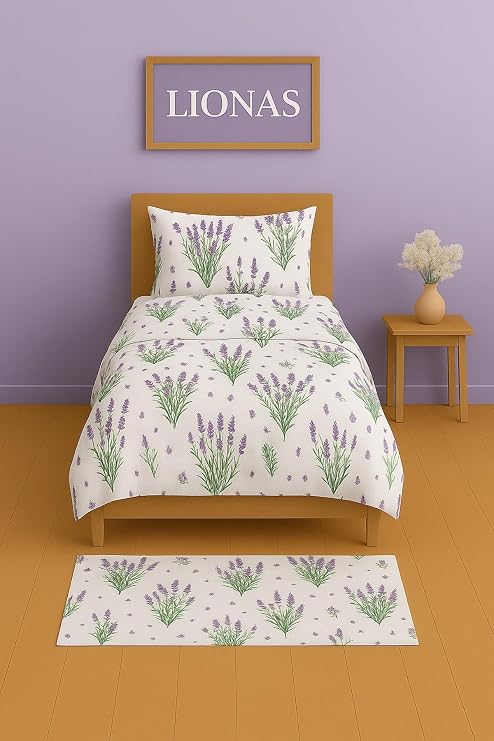 Ezgi Tek Kişilik Desenli Nevresim Takımı, Lavanta Deseni, 155 x 230 cm, Pamuk Polyester Karışım, Kapaklı Yastık Kılıfı Dahil