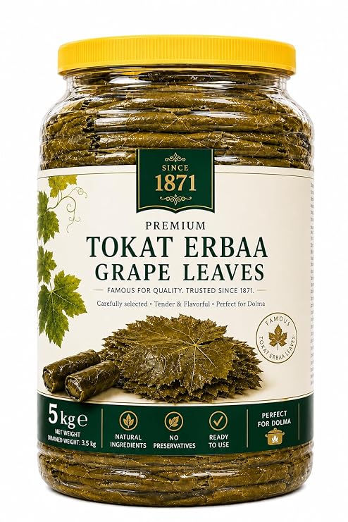 Famous Tokat Erbaa Grape Leaves in Brine, Premium Turkish Vine Leaves for Dolma, Large 5 kg Jar, Hand-Selected Tender Leaves, Traditional Anatolian Cuisine