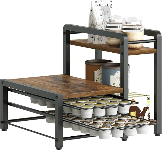 YATINEY Coffee Pod Drawer Holder, Compatible with K Cup, Coffee Pod Organizer with 2-Tier Sliding Storage Drawer and Countertop, 56 Pods Capacity, Rustic Brown and Black KH01BR