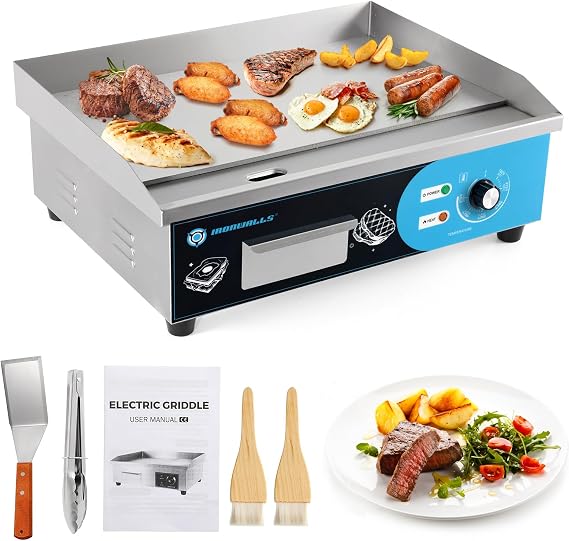 IRONWALLS Commercial Griddle Electric 22, 3000W Electric Flat Top Grill, Stainless Steel Countertop Electric Griddle Nonstick with 122~572FAdjustable Temperature Control for Restaurant Kitchen