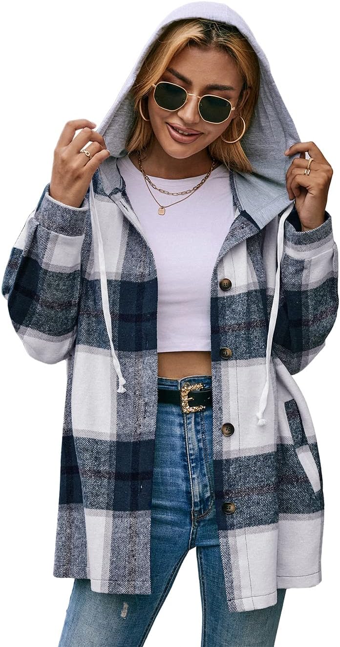 Womens Flannel Shirts Plaid Hoodie Jacket Long Sleeve Button Down Blouse Tops Casual with Pocket