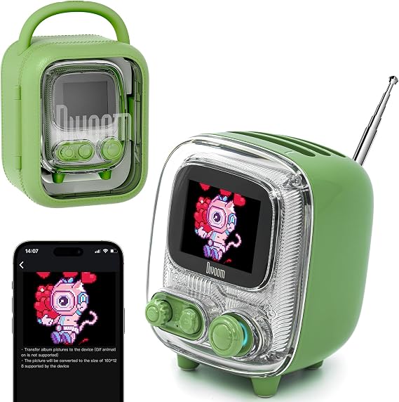 Divoom Tiivoo-2 Retro Bluetooth Hoparlör, FM Radyo, Pixel Art Ekran, Taşınabilir Mini Kablosuz Hoparlör, Vintage Masa Dekoru, Yatak Odası, Ev Ofis ve Hediye için Sevimli Oda Hoparlörü, Yeşil