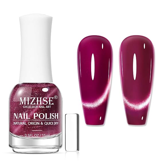 MIZHSE Quick Dry Cat Eye Nail Polish, Cherry Red Magnetic Nail Polish