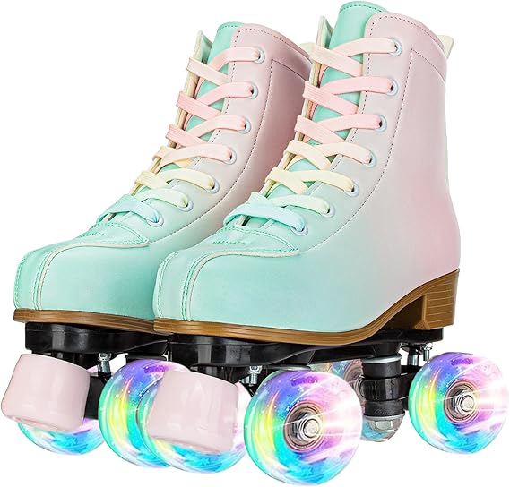 YYW Roller Skates for Girls and Women, Fantastic Gradient Pink and Green PU Leather Light Up Kids Youth Roller Skates, Indoor Outdoor