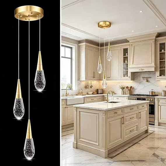 3-light Modern Gold Crystal Pendant Light, Mini Teardrop Crystal Ceiling Light Fixture, Raindrop Chandelier For Kitchen Island, Staircase, Foyer, Entryway, Bedroom, Dining Room And Living Room