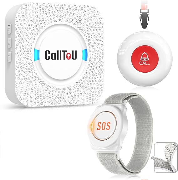 CallToU Caregiver Pager Wireless Call Button Nurse Alert System 500+ Feet for Home/Elderly/Patient/Disabled 06WS (1 Receiver 1 Round Button 1 Watch Button(3 Piece))