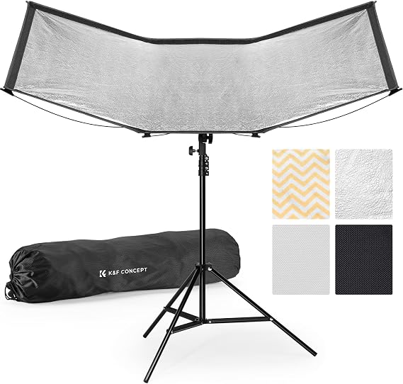 K&F CONCEPT 48"x26" Curved Reflector with Stand, Quick-Open, 4-in-1 | U-Shape Clamshell Reflector with Carrying Bag, for Studio Portrait & Video Shooting, Black/White/Silver/Gold LE10