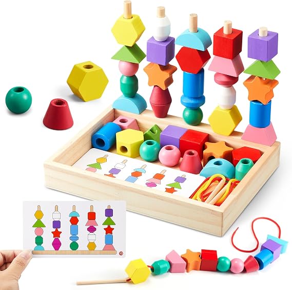 Montessori Wooden Toys, Lacing Beads & Stacking Block & Matching Shape Stacker, Montessori Wooden Beads Sequencing Toy Set, STEM Preschool Learning Toy Birthday Gift for 2 3 4 Year Old Toddler Gifts