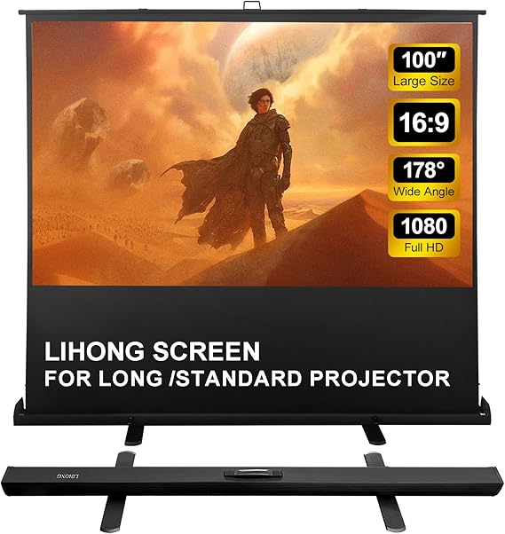 LIHONG Screen 100 inch 16:9 Portable Manual Pull Up Floor Rising Projector Screen Indoor & Outdoor HD Matte White for Long Standard Projection Fast Setup for Home Theater Movies,Classroom,Office