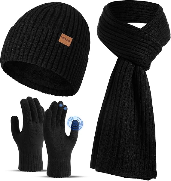 floconssy Men's Winter Hat Scarf Gloves Set of 3, Knit Thermal Combo Gifts