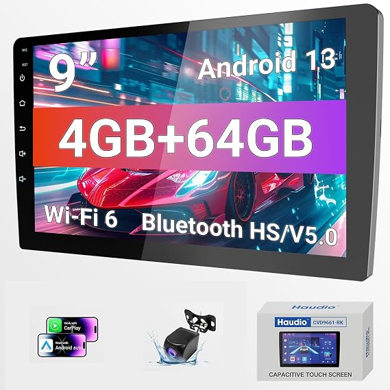 Haudio 9 Inch Android Car Stereo Double Din, Wireless CarPlay & Android Auto, Universal Touch Screen Car Stereo with WiFi 6, Bluetooth, GPS, Backup Camera, 4+64GB, FM/AM Radio