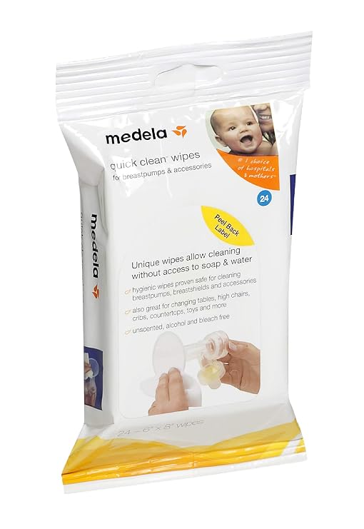 Medela Quick Clean Breast Pump and Accessory Wipes, 24 Count Resealable Pack, Convenient and Hygienic On the Go Cleaning for Tables, Countertops, Chairs, and More