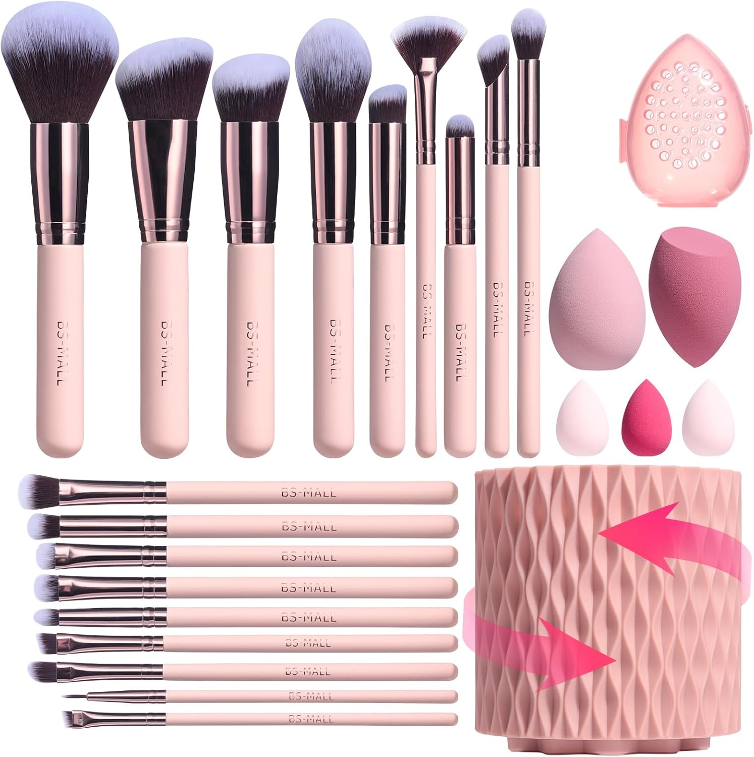 BS-MALL Makeup Brushes Premium Synthetic Foundation Powder Concealers Eye Shadows 18 Pcs Brush Set with 5 sponge &amp; Holder Sponge Case A-Pink