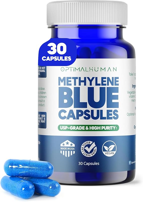Optimal Human Methylene Blue Capsules 10mg USP, Vitamin C, 60 Ct