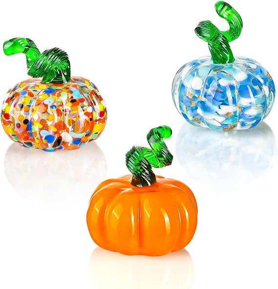 3 Pcs Hand Blown Glass Pumpkin Decorations, Glass Fruit Decor | Halloween Pumpkin Figurines, Mini Glass Pumpkin Decor, Halloween Thanksgiving Ornament, Fall Harvest Collectible Figurines