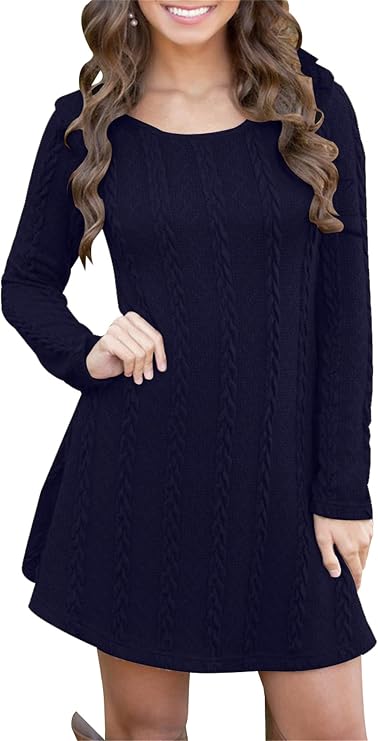 YMING Womens Cable Knit Crew Neck Sweater Dress Casual Solid Color Pullover Tops