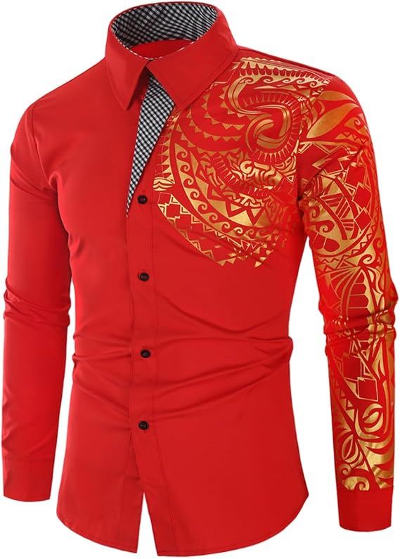 Mens Dress Shirts Fashion Print Long Sleeve Collar Button T-Shirts Lightweight Business Tee Tops Spring Clothes