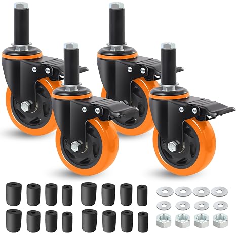 100mm Expanding Stem Castor Wheels Set of 4 with Brake Orange, Heavy Duty 500KG Total Load Capacity, Fits 23mm/28mm/34mm/40mm Tube Legs, Ideal for Prep Tables, Carts, Trolleys
