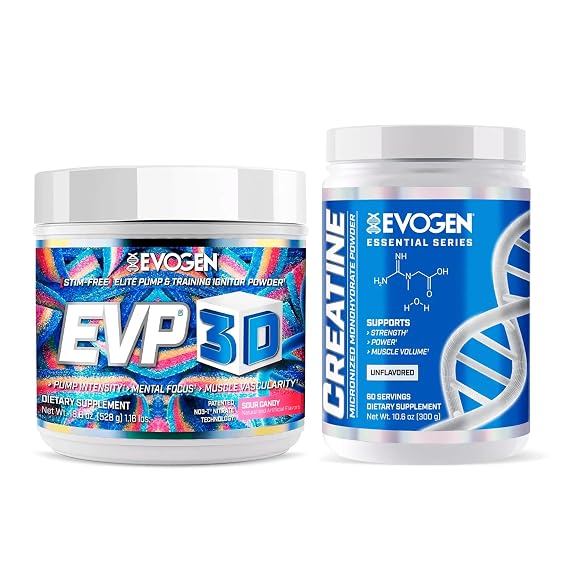 Evogen EVP 3D Creatine Monohydrate Bundle Stim Free Pre Workout Powder & Micronized Creatine for Pump, Strength, Power & Recovery | Sour Candy + Unflavored