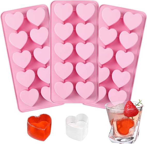 Hushee 3 Pack Heart Shaped Ice Cube Tray Heart Ice Cube Molds Valentine Silicone Molds for Chocolate, Candy, Fudge, Cake Pop(Pink)