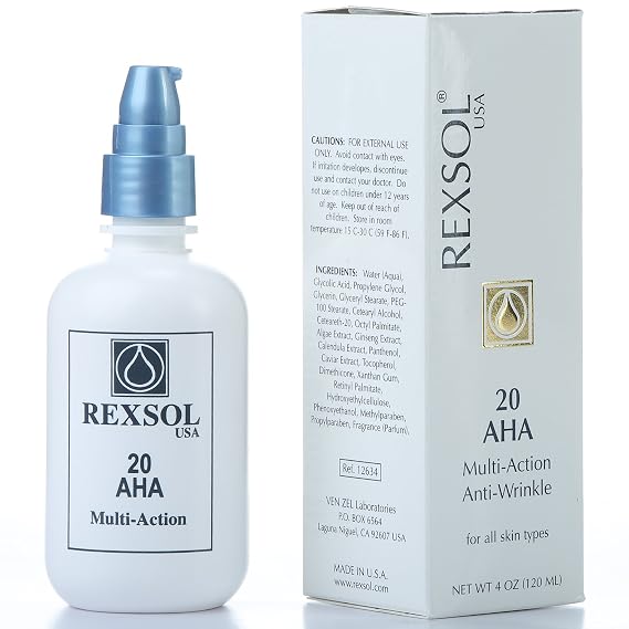 REXSOL 20 AHA Multi-action Anti-Wrinkle Cream | With Vitamin E, Algae Extract, Ginseng Extract, Calendula Extract, Caviar Extract | Diminishes appearance of fine lines & wrinkles. (120 ml / 4 fl oz)