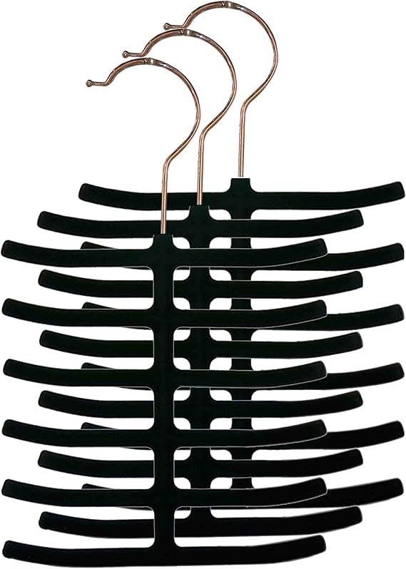 3-Pack Non-Slip Velvet Tie Hanger Organizer Rack by Home Basics | 360 Rotatable Hook | Holds 12 Ties Each | Versatile for Belts and Scarves | Slim Design