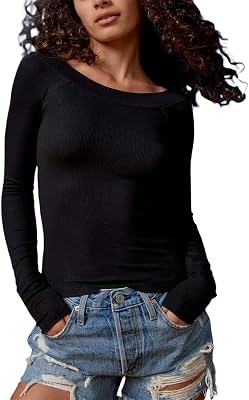 Womens Basic Scoop Neck Long Sleeve Shirt Sexy Low Cut Skinny Crop Tops Slim Fit Boat Collar Solid Fashion Clothes