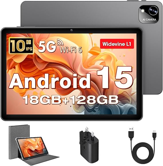 Tablet 10 Inch, Android 15 Tablets with Case, T30 Quad-Core, 18GB RAM+128GB ROM+1TB Expand, 1280 x 800 HD IPS Display, 5MP+8MP Dual Camera, 6000mAh,