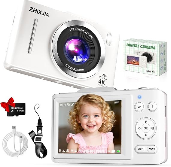 Digital Camera, Full HD 4K Digita Point and Shoot Camera Portable Compact and for 16X Zoom, Autofocus for Photography with 64GB Card, Anti-Shake, for Beginners, Boys Girls Kids, White