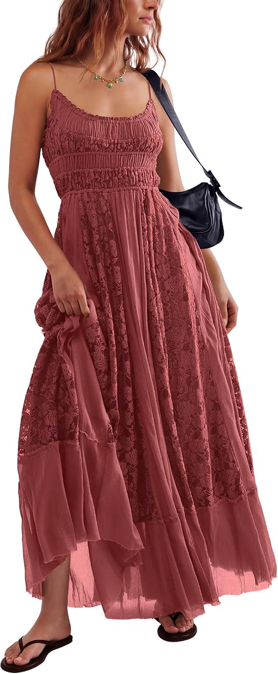 Gacaky Summer Dress for Women Casual Lace Floral Embroidered Bohemian Maxi Dress Flowy A Line Beach Long Dresses