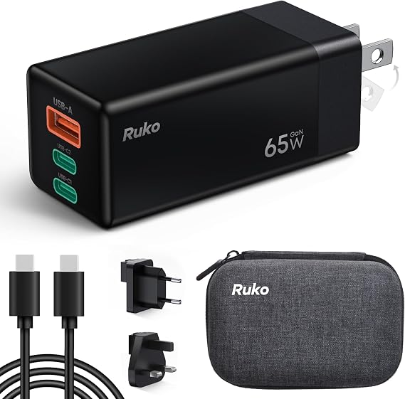 Ruko 65W USB C Travel Charger Kit, 3-Port GaN Fast Charger | Travel Wall Charger, Portable Carry Bag, UK EU Plug Adapter, Compatible with iPhone 17/16, Galaxy S24, MacBook, iPad, Drones