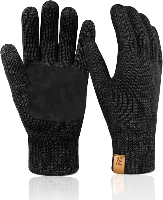 MIG4U Mens Warm Winter Wool Gloves Knit, Thermal Insulated Fleece Lined Glove with Leather Palm