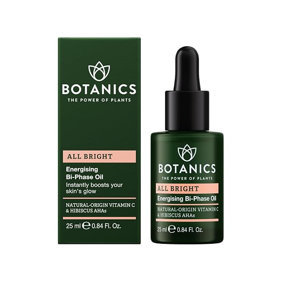 Botanics All Bright Energizing Bi-Phase Face Oil & Moisturizer, 0.84 oz | Brightens Dull & Uneven Skin, Lightweight & Non-Greasy, Hibiscus AHAs, Vegan & Cruelty-Free, Radiant Glow Serum for Gua Sha