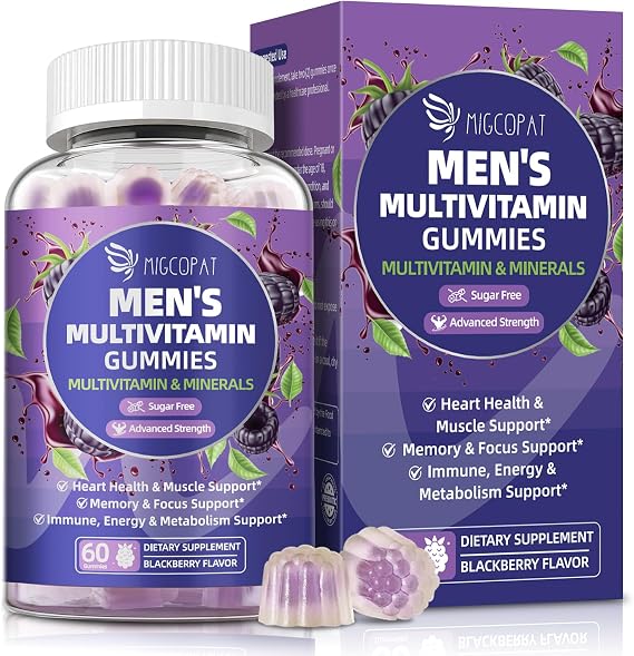 Multivitamin for Men, Mens Multivitamins Gummies w/Omega-3, Probiotics, Inositol, Folate, Biotin, Zinc, Vitamins A, C, D, E, B, Support Heart, Brain, Muscle, Energy, Sugar-Free, Blackberry Flavor
