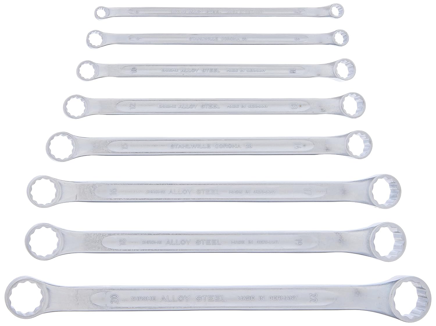 Stahlwille 96410704 Double Ended Ring Wrench Set Corona, 6mm x 7mm to 20mm x 22mm, Shallow Offset, Chrome Alloy Steel, Chrome Plated, No.238, 8 pcs