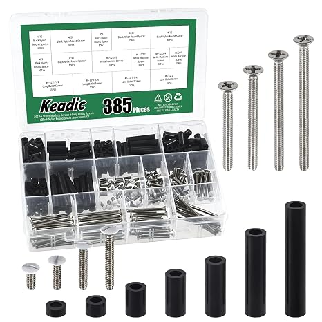 Keadic 385Pcs Electrical Outlet Extender Kit Outlet Screw Spacers Thread Flat Head Device Mounting Long Screws Black Nylon Round Spacer and 6-32 Wall Plate Screws for Switch