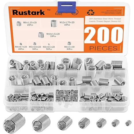 200 Pcs Wire Thread Inserts kit 304 Stainless Steel Metric M3 M4 M5 M6 M8 M10 M12 Helicoil Kit Wire Screw Sleeve Thread Repair Kit