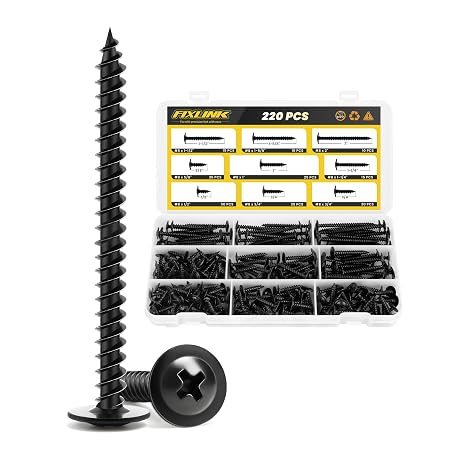 Wood Screws 2 Inch, 50 PCS and Assortment Kit 220PC FIXLINK Premium Phillips High Hardness Truss Head Black Wood Screws, Self Tapping Electrophoresis Modified Fast Truss Head Wood Screw, Black
