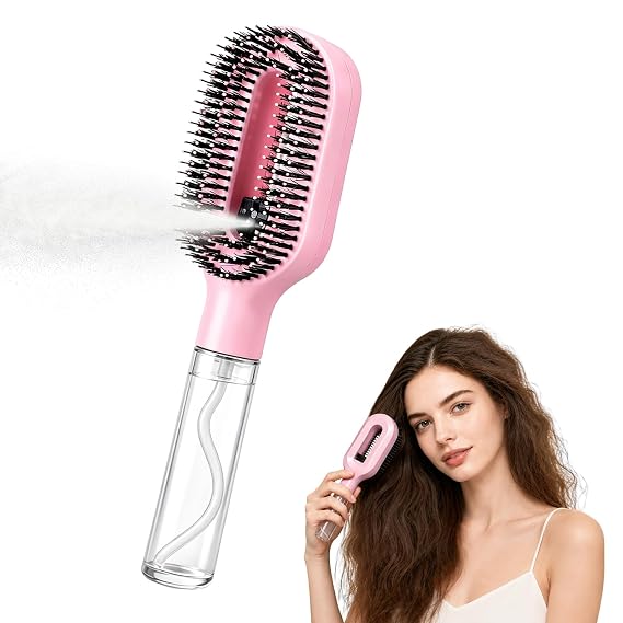 Hair Brush with Water Spray, 2-In-1 Wet & Dry Detangling Brush With Built-In Water Spray Fine Mist Sprayer, Portable Hairbrush for Curly, Wavy & Straight Hair Anti-Frizz Travel Gym Office