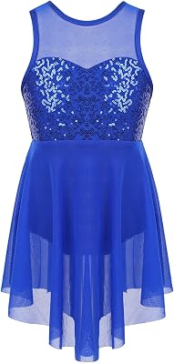 Kids Girls Latin Dance Sequined Irregular Hems Tulle Dress Sleeveless Ice Figure Skating Leotard