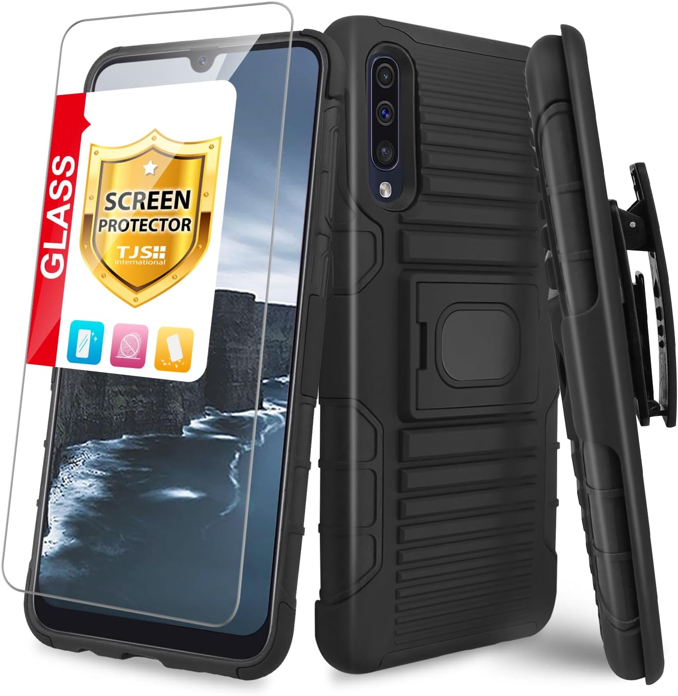 TJS Phone Case Compatible with Samsung Galaxy A50Galaxy A30Galaxy A20, [Tempered Glass Screen Protector] Belt Clip Holster Magnetic Support Hybrid Kickstand Heavy Duty Cover Black