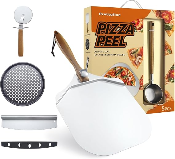 5-Piece 12-Inch Aluminum Pizza Peel Set with Rocker Cutter and Spoon