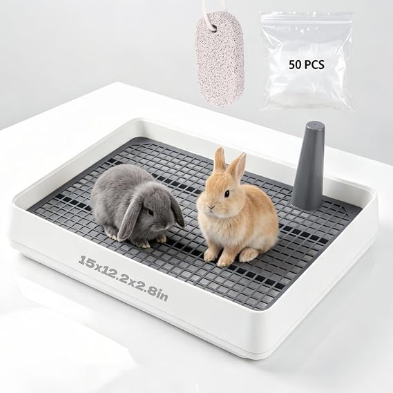 Rabbit Litter Box Large 15x12.2x2.6 Inch, Includes 50 Liners & Chew Stone, Bunny Litter Box, Plastic Potty Tray for Bunny Guinea Pig Hamster Ferret Small Animals