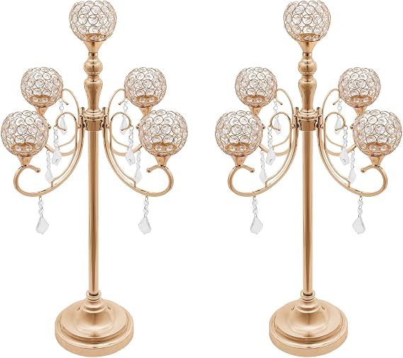 2 Pack 5-Arm Crystal Candelabra Candle Holder 33.8 Inches Tall Floor Candle Holder Candelabras Centerpieces for Table Decoration (Gold)