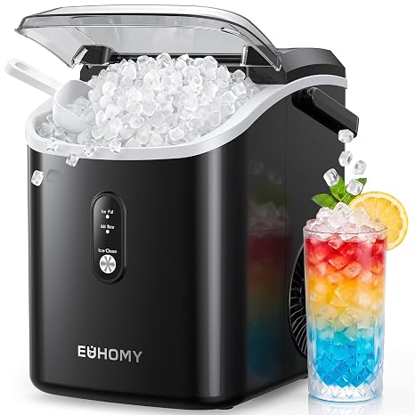 EUHOMY Nugget Ice Maker Countertop with Handle, Ready in 6 Mins, 34lbs Per Day, Removable Top Cover, Auto-Cleaning, Portable Sonic Ice Maker with Basket and Scoop, for Home/Party/RV/Camping (Black)