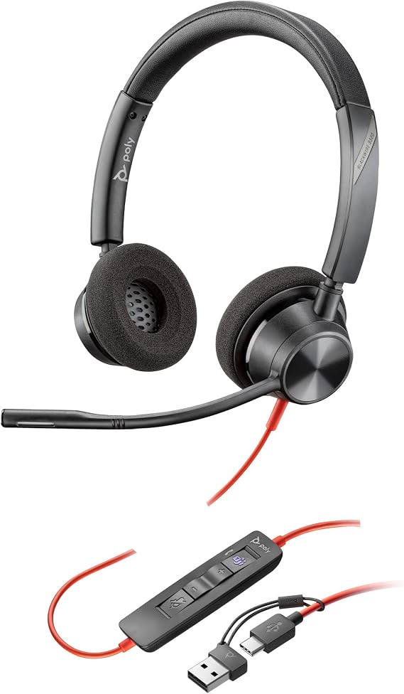 Poly Blackwire 3320 Wired Headset (Plantronics) Flexible Microphone Boom Hi-fi Stereo - Connect to PC/Mac via USB-C or USB-A - Certified for Microsoft Teams -