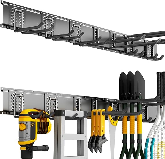 Garage Tool Organizer Wall Mount, 48 Inch Heavy Duty Garden Tool Organizer Storage System, Easy Install with 7 Adjustable Hooks, for Garage, Basement, Shed, Workshop, Black, Steel