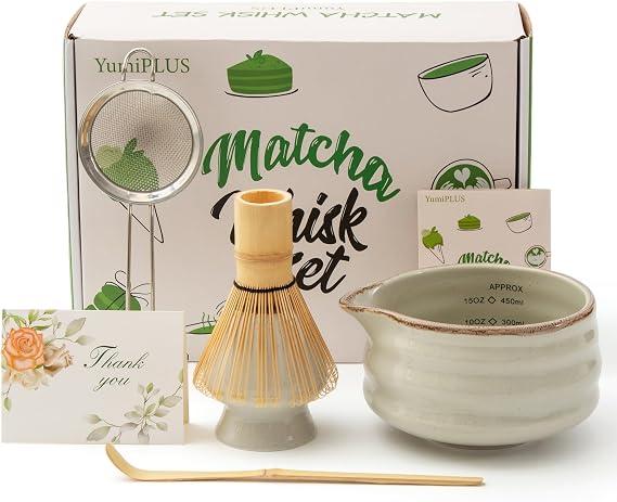 5pcs Matcha Set with Bamboo Whisk, Retro Grey | 16.5OZ Bowl with Spout, Ceremonical Matcha Kit for breakfast/latte, Tea Starter Making Kit, Unique Gift