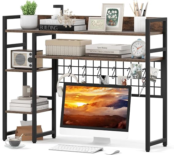 Tangkula Desktop Bookshelf for Computer Monitor Up to 32, Countertop Storage Hutch with 4 Open Shelves, Grid Panel, 6 Hooks, Anti-tip Device, 4-Tier Desktop Shelves for Home Office Dorm, Rustic Brown