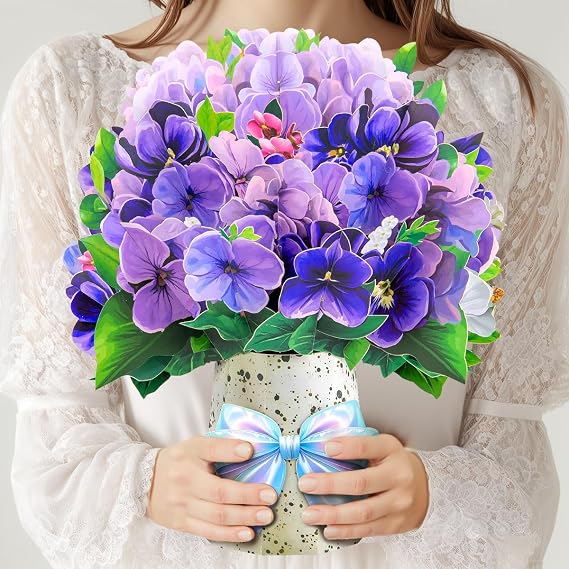 Violet Flower Bouquet Pop Up Cards, Valentine's Day Card, Mother's Day Pop Up Flower Card, with Note Card and Envelope, Thinking of You Cards, Happy Holiday Card for Mom, Her, Friends.